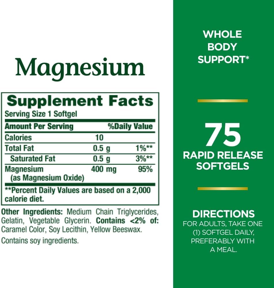 Nature's Bounty Magnesium, Whole Body Support, Supports Heart, Nerve and Bone Health. 400 mg, 75 Softgels - Image 3