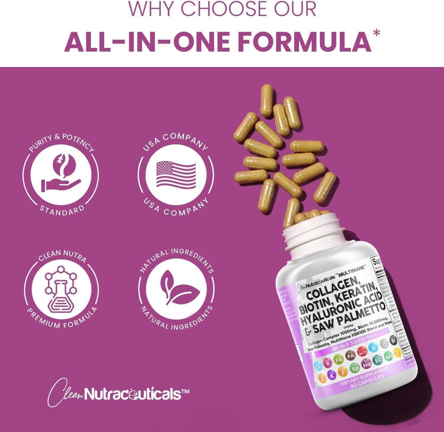 Clean Nutraceuticals Collagen Pills 1000mg Biotin 10000mcg Keratin Saw Palmetto Hyaluronic Acid - Hair Skin & Nails Vitamins & DHT Blocker with Vitamin E Folic Acid Pumpkin Seed MSM - 90 Count - Image 4