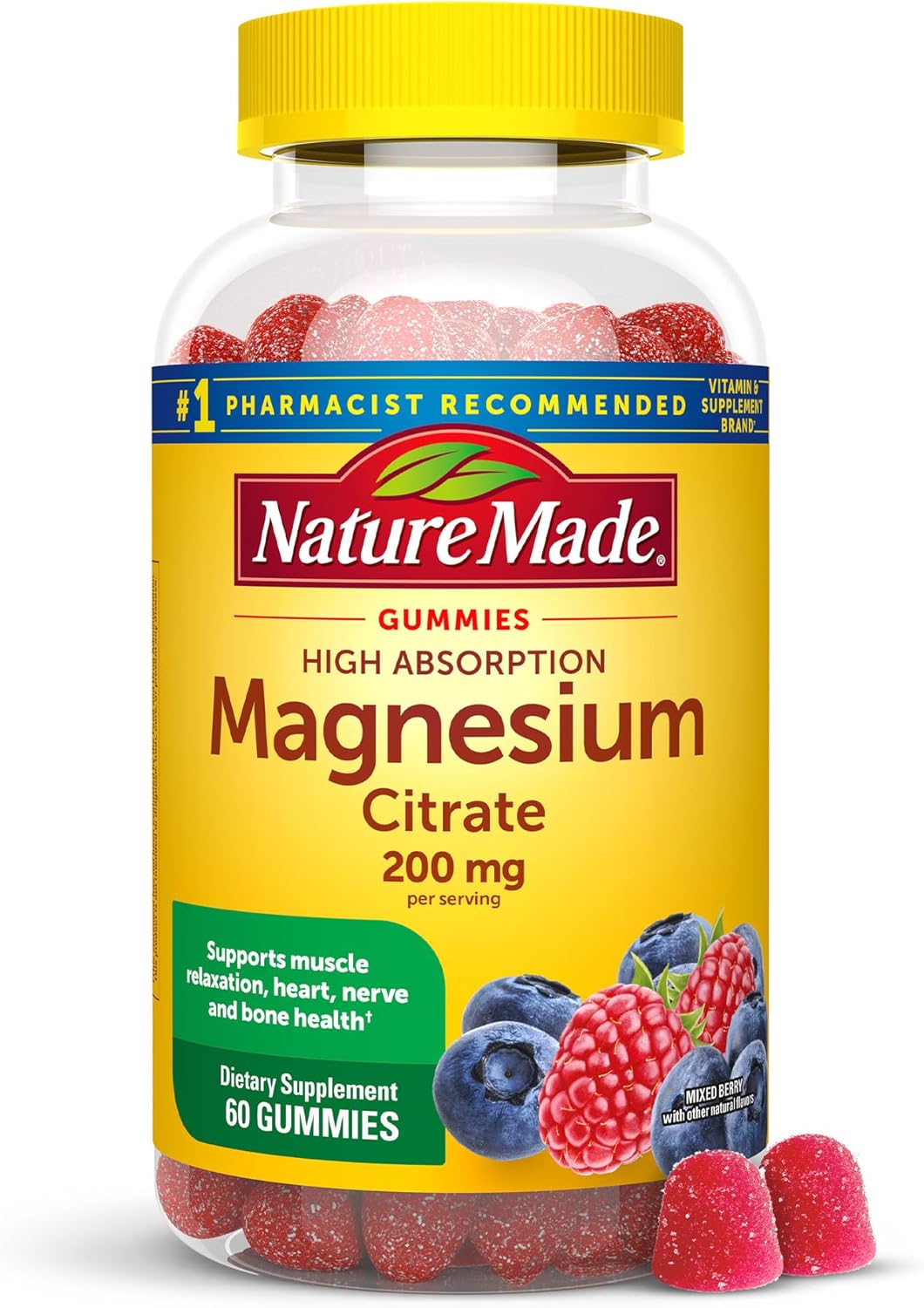 Nature Made High Absorption Magnesium Citrate 200 mg per serving, Magnesium Supplement for Muscle, Nerve, Bone and Heart Support, 60 Magnesium Gummies, 30 Day Supply - Image 2