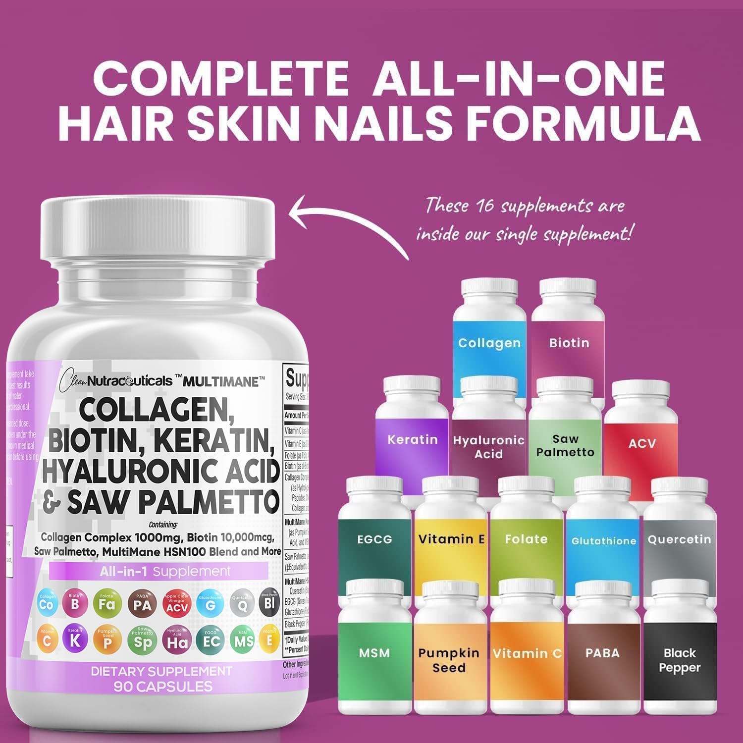 Clean Nutraceuticals Collagen Pills 1000mg Biotin 10000mcg Keratin Saw Palmetto Hyaluronic Acid - Hair Skin & Nails Vitamins & DHT Blocker with Vitamin E Folic Acid Pumpkin Seed MSM - 90 Count - Image 3