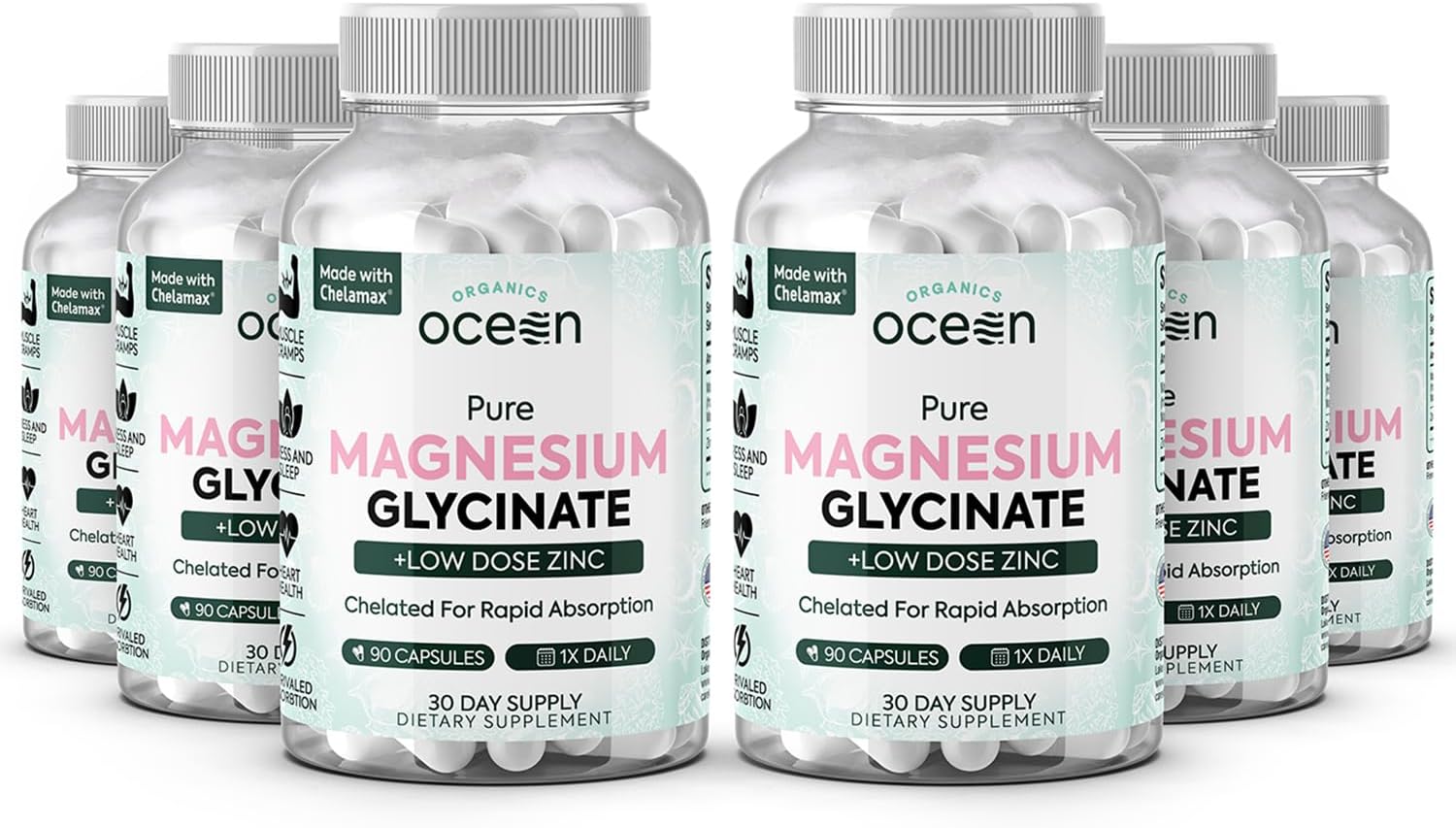 Pure Magnesium Glycinate with Zinc - Maximum Strength Chelated Magnesium Supplement for Women and Men for Muscle Cramps and Sleep Support - 6 Bottles - Image 2