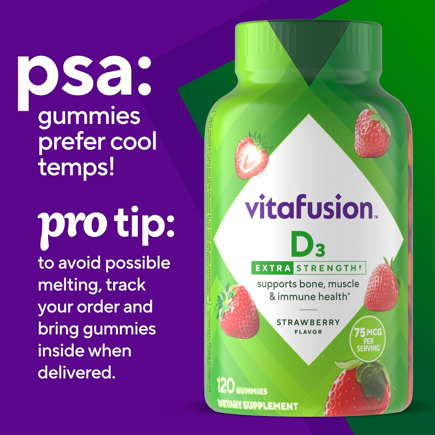 vitafusion Extra Strength Vitamin D3 Gummy, Strawberry Flavored Bone and Immune System Support (1) 120 Count - Image 11