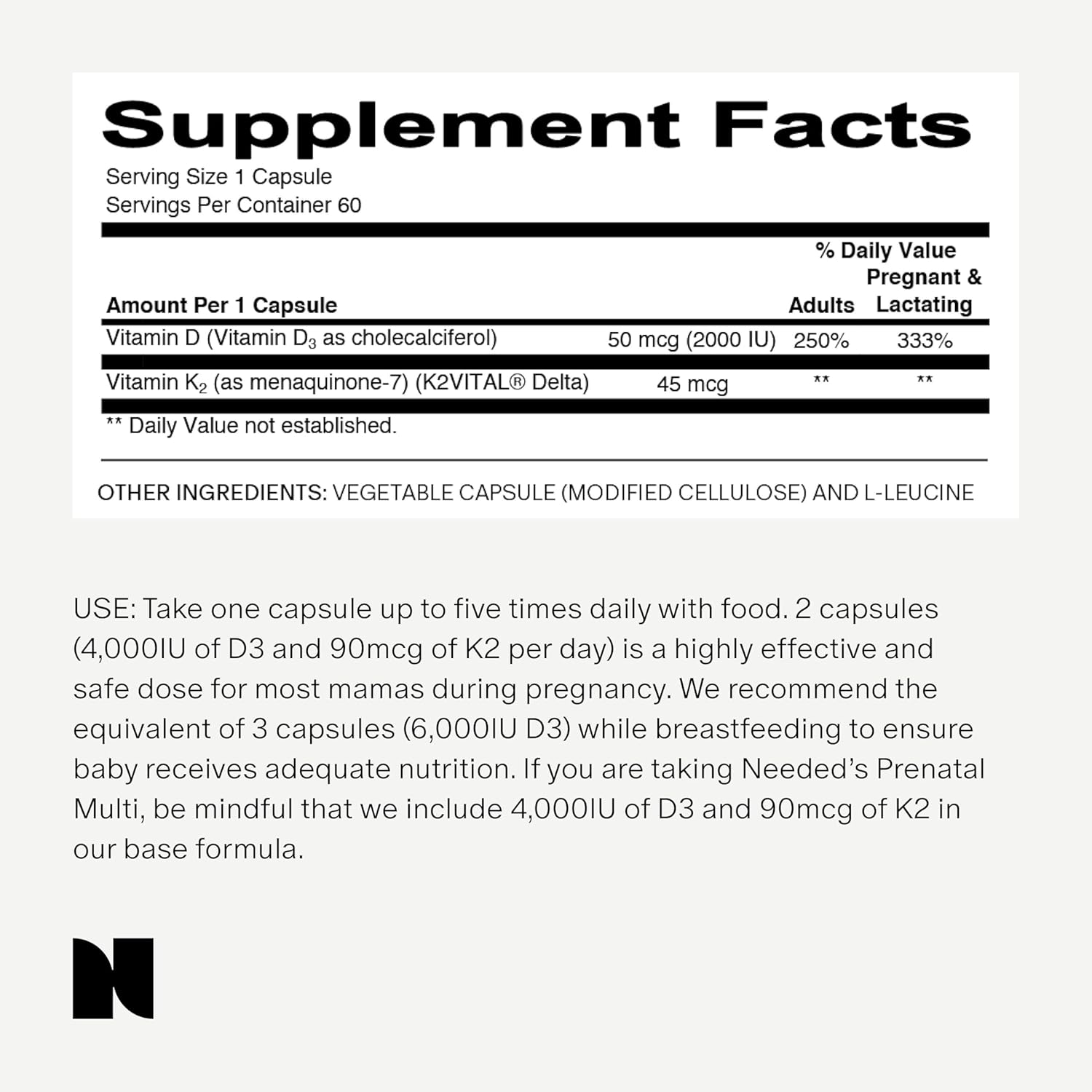 Needed. Expertly-Formulated Prenatal Vitamin D3/K2 | for Fertility, Pregnancy Breastfeeding, and Postpartum, Healthy Immunity and Bone Development, Supports Breast Milk Vitamin D Levels | 60 Capsules - Image 6