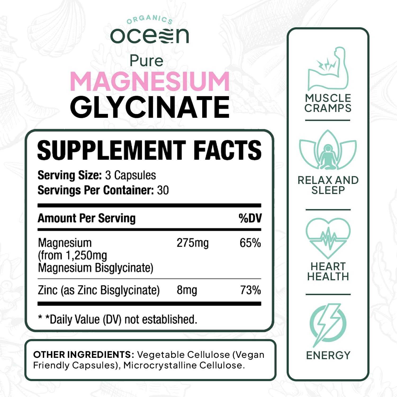 Pure Magnesium Glycinate with Zinc - Maximum Strength Chelated Magnesium Supplement for Women and Men for Muscle Cramps and Sleep Support - 6 Bottles - Image 3