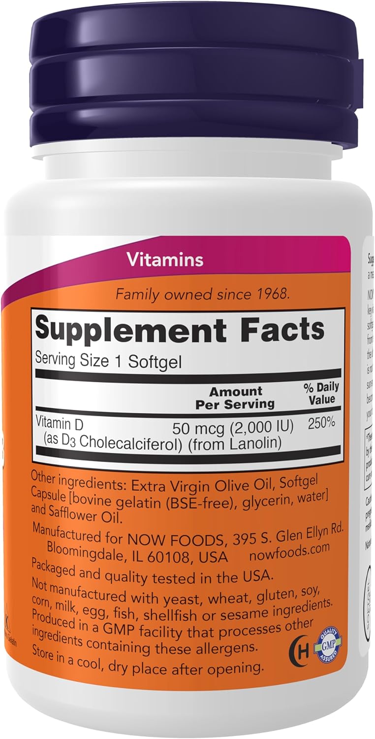 NOW Foods Supplements, Vitamin D-3 2,000 IU, High Potency, Structural Support*, 30 Softgels - Image 3
