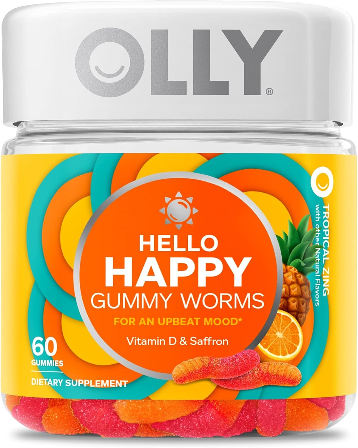 OLLY Hello Happy Gummy Worms, Mood Balance Support, Vitamin D, Saffron, Adult Chewable Supplement, Tropical Zing - 60 Count - Image 2