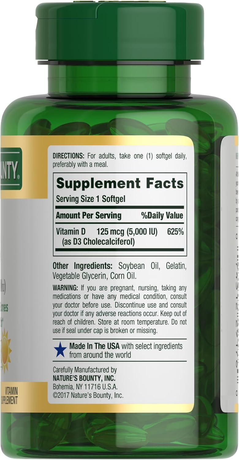 Nature's Bounty Vitamin D3, Immune Support, 125 mcg (5000iu), Rapid Release Softgels, 240 Ct (package may differ) - Image 9