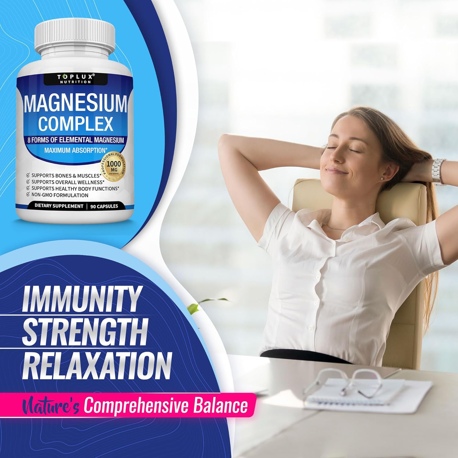 Magnesium Complex Supplement 8 Elemental Magnesium 1000mg - Magnesium Glycinate, Citrate, Malate, Taurate, Chelated for Easy Absorption for Bones, Muscle, Recovery, Energy, Vegan Non-GMO 90 Capsules - Image 7
