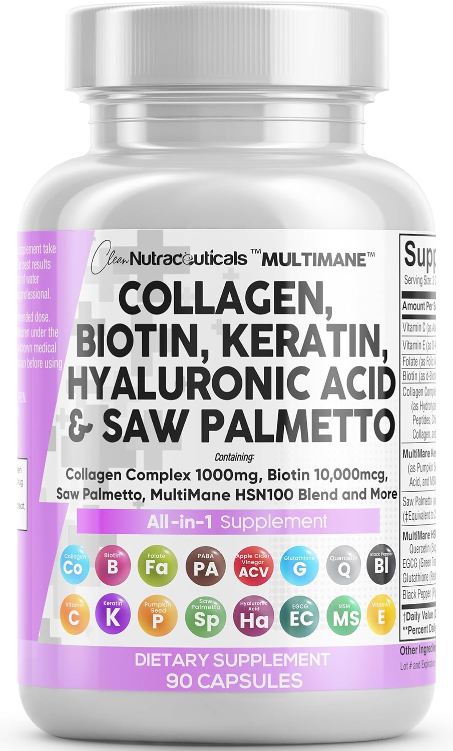 Clean Nutraceuticals Collagen Pills 1000mg Biotin 10000mcg Keratin Saw Palmetto Hyaluronic Acid - Hair Skin & Nails Vitamins & DHT Blocker with Vitamin E Folic Acid Pumpkin Seed MSM - 90 Count - Image 2