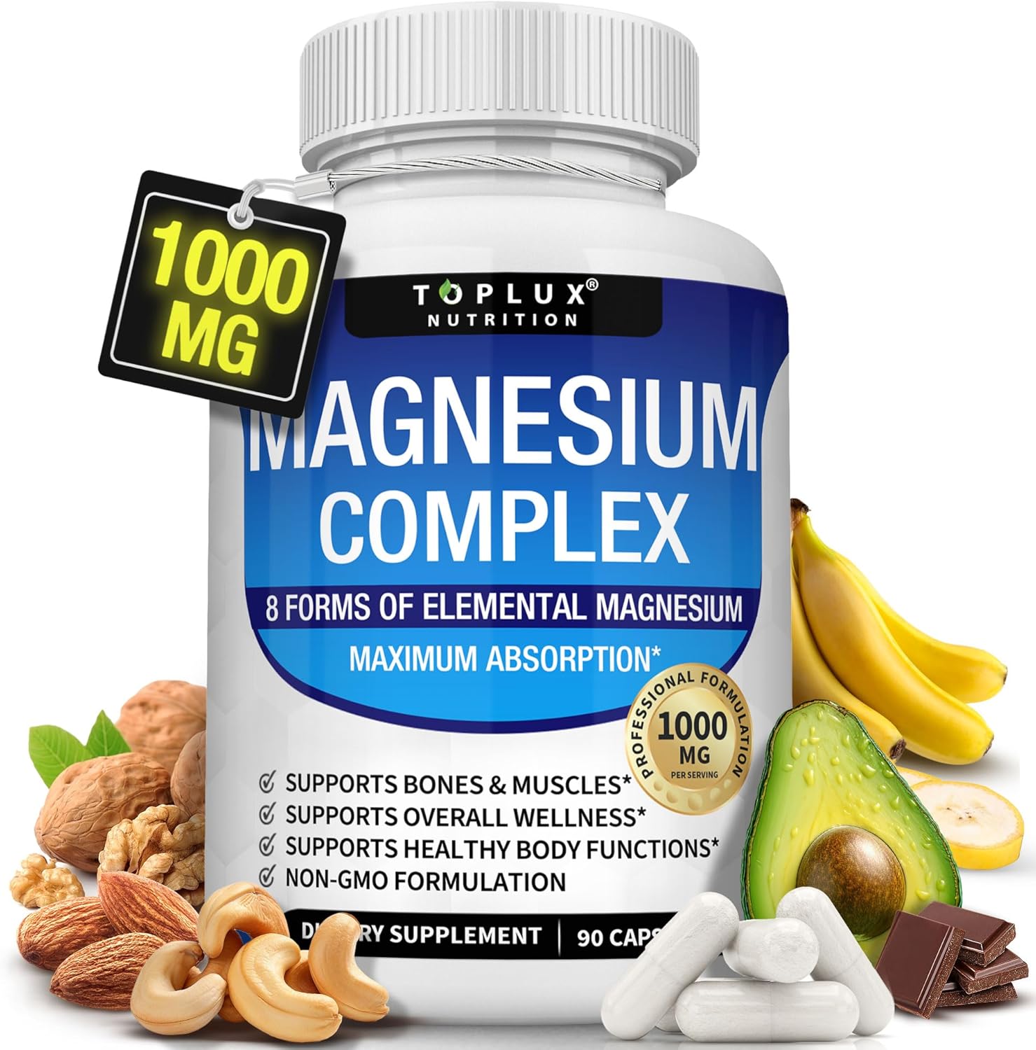 Magnesium Complex Supplement 8 Elemental Magnesium 1000mg - Magnesium Glycinate, Citrate, Malate, Taurate, Chelated for Easy Absorption for Bones, Muscle, Recovery, Energy, Vegan Non-GMO 90 Capsules - Image 2