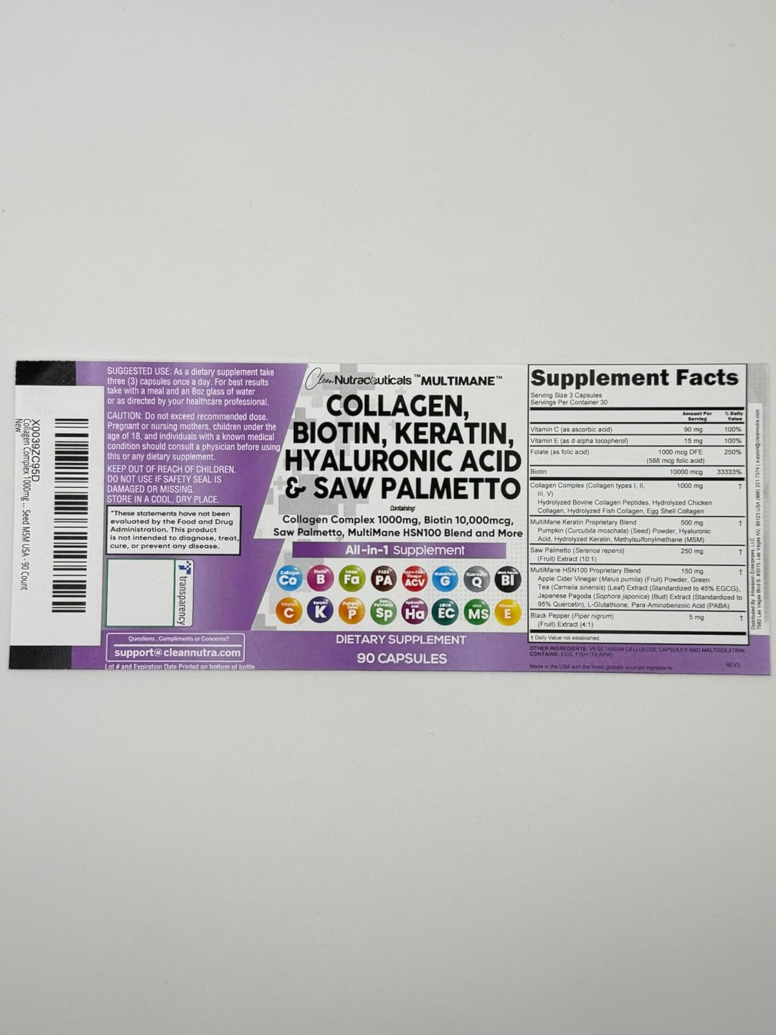 Clean Nutraceuticals Collagen Pills 1000mg Biotin 10000mcg Keratin Saw Palmetto Hyaluronic Acid - Hair Skin & Nails Vitamins & DHT Blocker with Vitamin E Folic Acid Pumpkin Seed MSM - 90 Count - Image 10