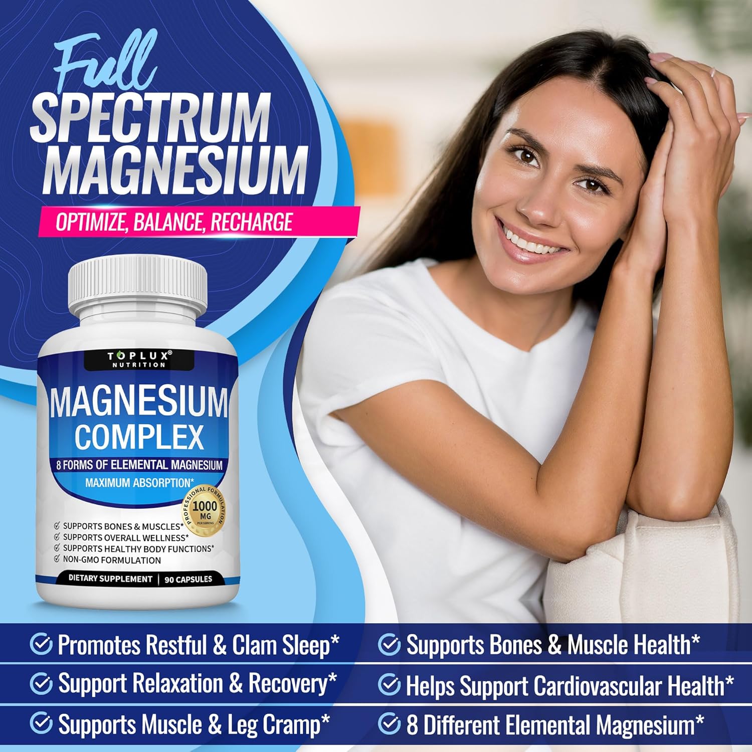 Magnesium Complex Supplement 8 Elemental Magnesium 1000mg - Magnesium Glycinate, Citrate, Malate, Taurate, Chelated for Easy Absorption for Bones, Muscle, Recovery, Energy, Vegan Non-GMO 90 Capsules - Image 4