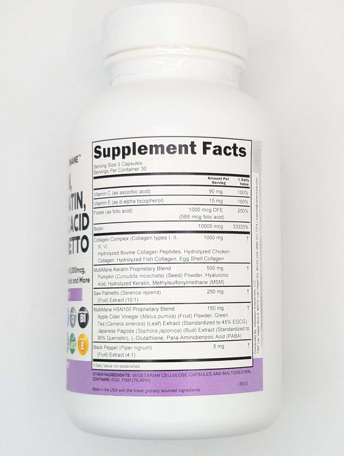 Clean Nutraceuticals Collagen Pills 1000mg Biotin 10000mcg Keratin Saw Palmetto Hyaluronic Acid - Hair Skin & Nails Vitamins & DHT Blocker with Vitamin E Folic Acid Pumpkin Seed MSM - 90 Count - Image 8