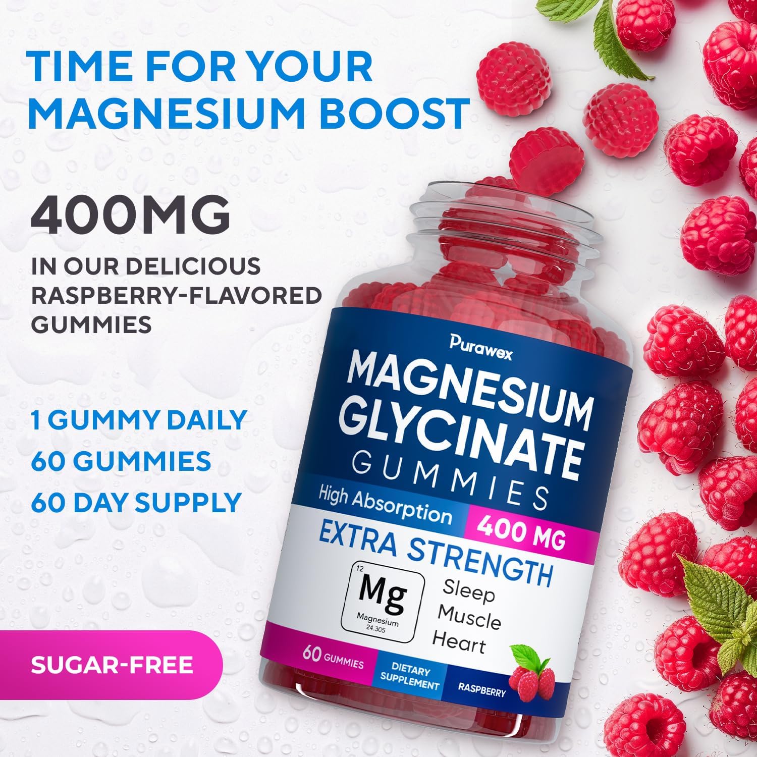 Magnesium Glycinate Gummies 400mg, High Absorption Magnesium Supplement for Adults and Kids, Sugar Free, Gelatin Free, Vegan Friendly, Non GMO, 60 Days Supply - Raspberry - Image 5