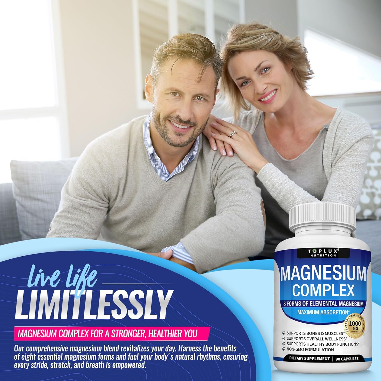 Magnesium Complex Supplement 8 Elemental Magnesium 1000mg - Magnesium Glycinate, Citrate, Malate, Taurate, Chelated for Easy Absorption for Bones, Muscle, Recovery, Energy, Vegan Non-GMO 90 Capsules - Image 6