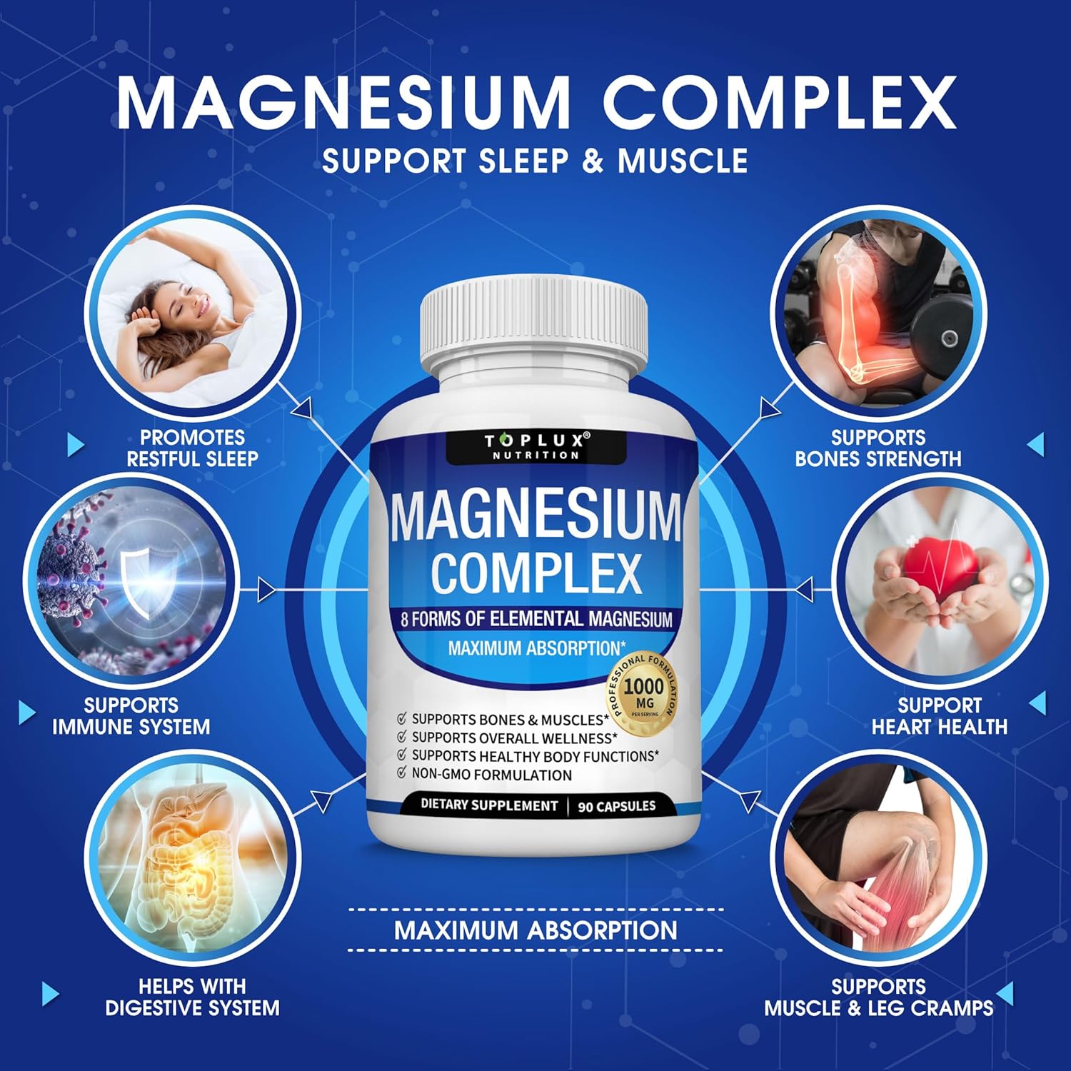 Magnesium Complex Supplement 8 Elemental Magnesium 1000mg - Magnesium Glycinate, Citrate, Malate, Taurate, Chelated for Easy Absorption for Bones, Muscle, Recovery, Energy, Vegan Non-GMO 90 Capsules - Image 3