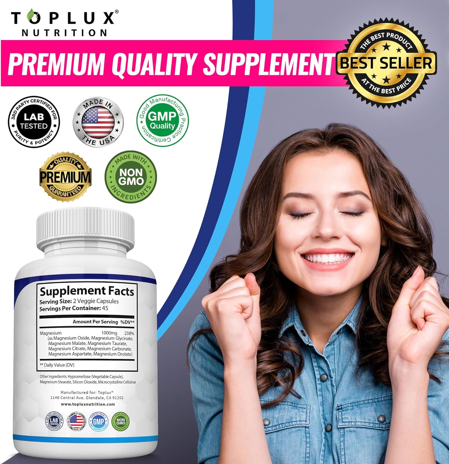 Magnesium Complex Supplement 8 Elemental Magnesium 1000mg - Magnesium Glycinate, Citrate, Malate, Taurate, Chelated for Easy Absorption for Bones, Muscle, Recovery, Energy, Vegan Non-GMO 90 Capsules - Image 8