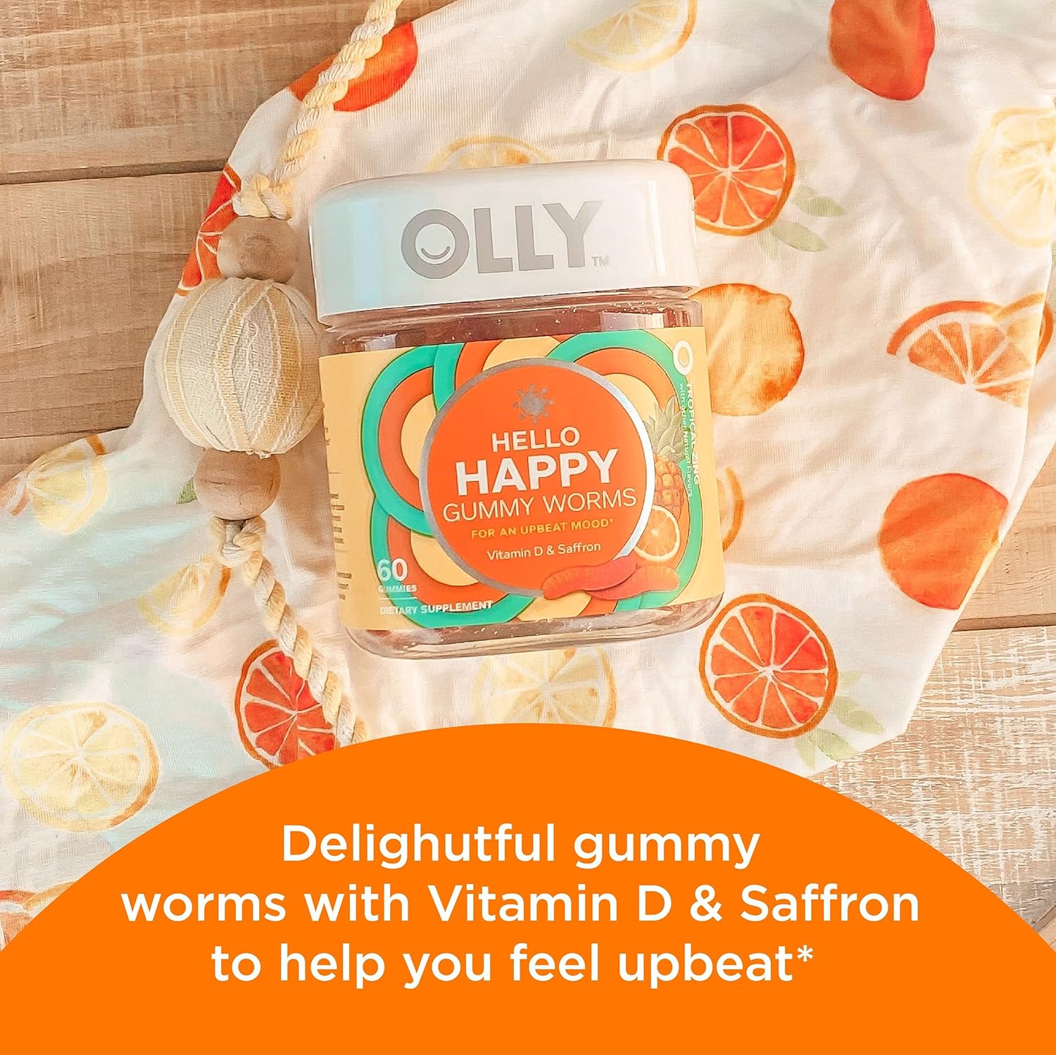OLLY Hello Happy Gummy Worms, Mood Balance Support, Vitamin D, Saffron, Adult Chewable Supplement, Tropical Zing - 60 Count - Image 4