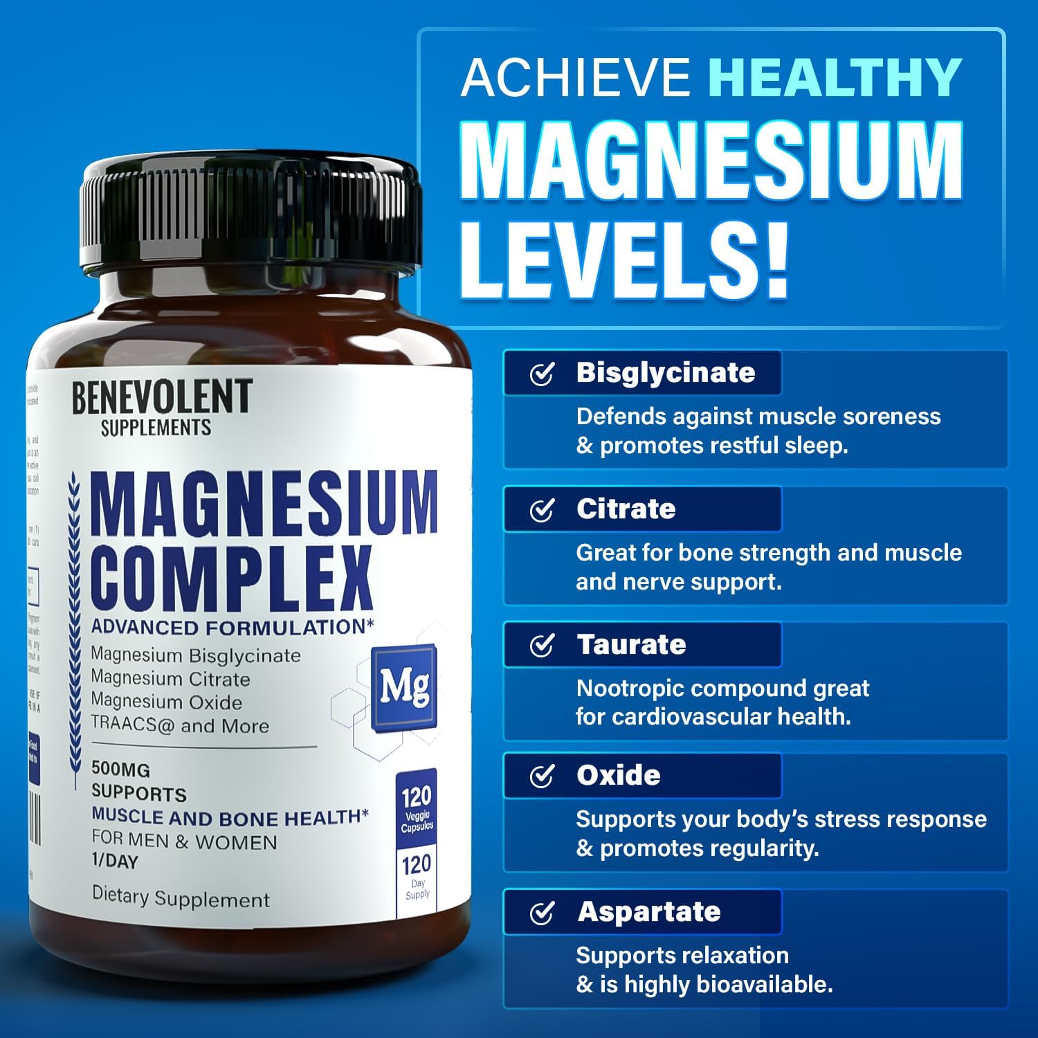 Magnesium Complex Supplement, 4 Month Supply of 500mg 5-in-1 Magnesium Bisglycinate, Oxide, Taurate, Chelate, Citrate, Max Absorption Magnesium Supplement for Calm, Sleep & Leg Cramps, 120 Capsule - Image 6
