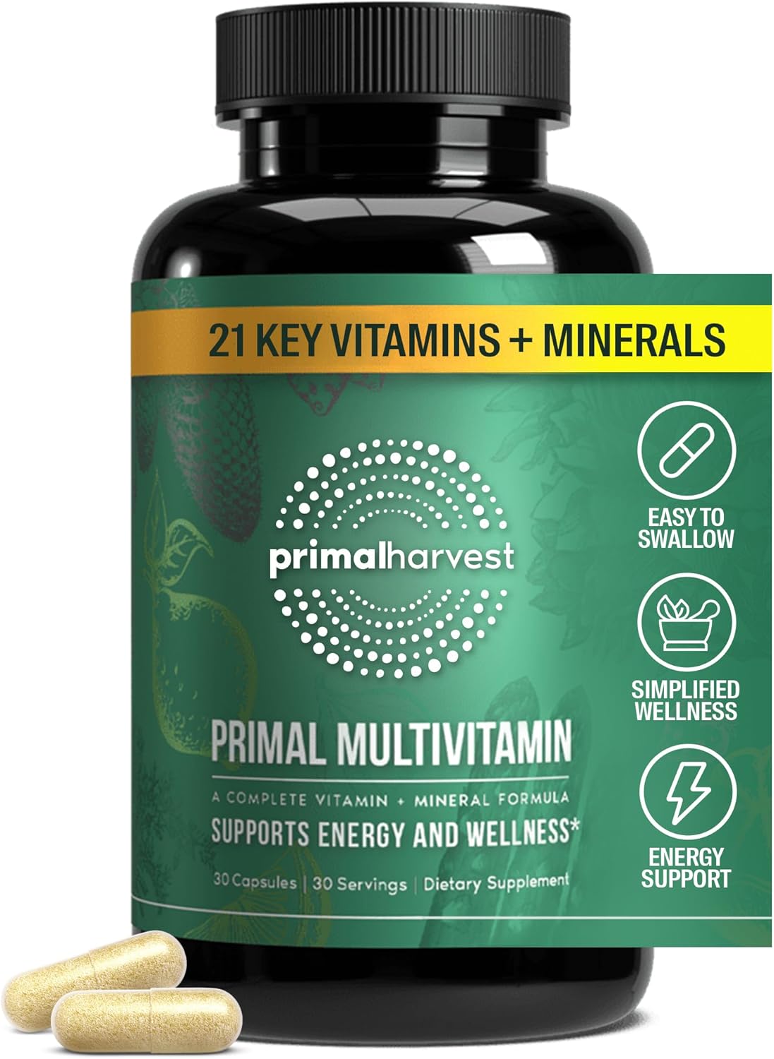 Primal Harvest Primal Multivitamin - Daily Multi-Vitamin Supplement with 21 Essential Vitamins & Minerals for Women & Men - Vitamin A, C, D, E, B12, B6, Biotin, Folic Acid, Zinc, Copper & Selenium - Image 2