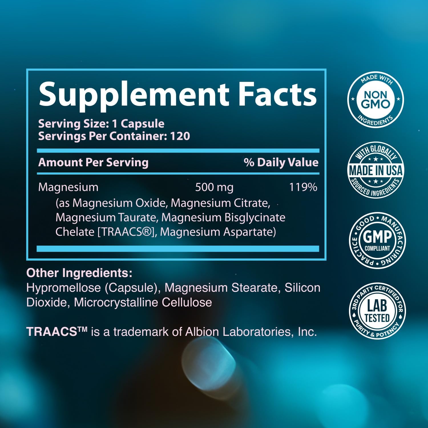 Magnesium Complex Supplement, 4 Month Supply of 500mg 5-in-1 Magnesium Bisglycinate, Oxide, Taurate, Chelate, Citrate, Max Absorption Magnesium Supplement for Calm, Sleep & Leg Cramps, 120 Capsule - Image 8