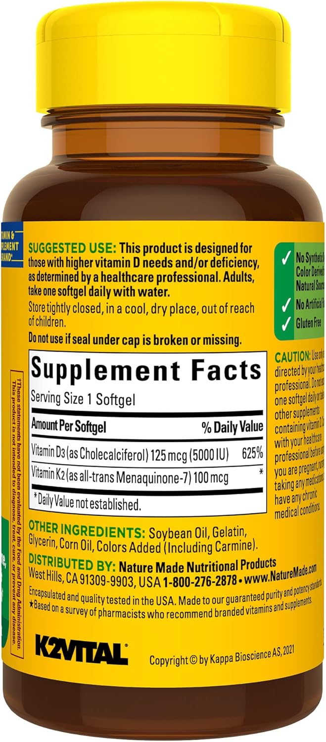 Nature Made Vitamin D3 K2, 5000 IU (125 mcg) Vitamin D, Dietary Supplement for Bone, Teeth, Muscle and Immune Health Support, 30 Softgels, 30 Day Supply - Image 10