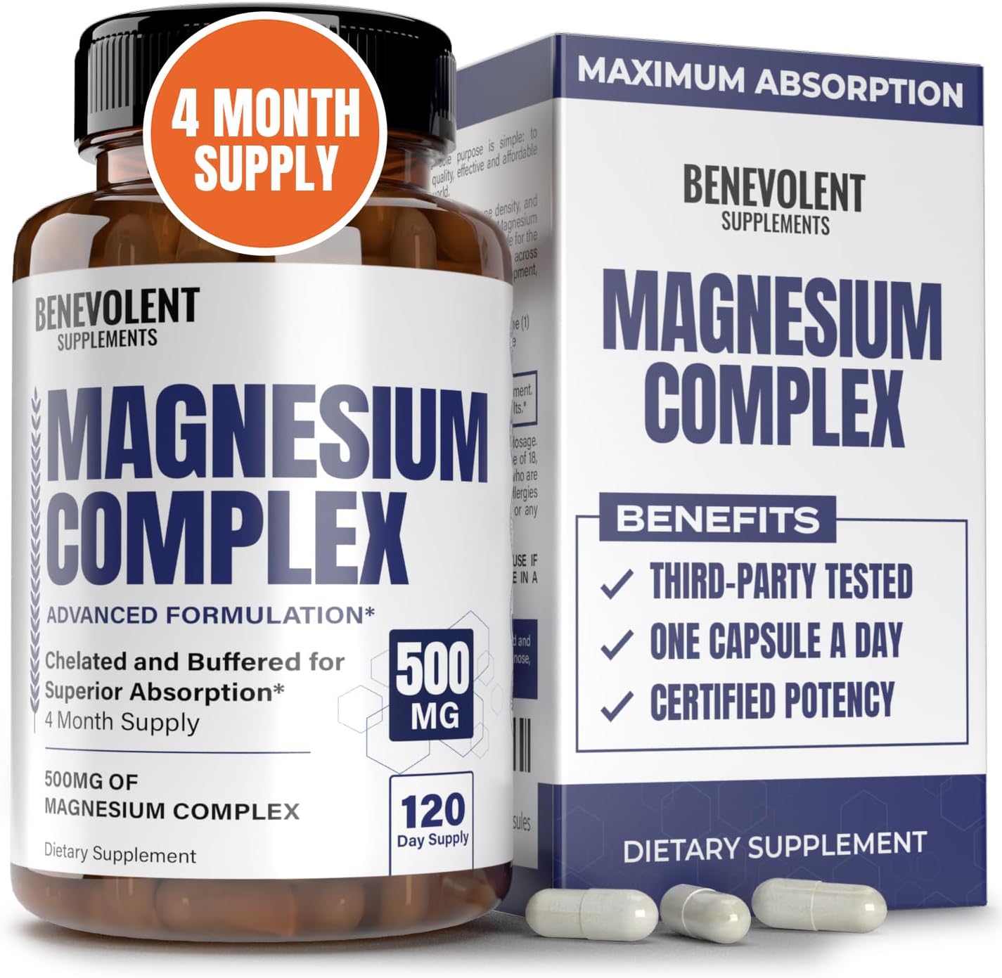 Magnesium Complex Supplement, 4 Month Supply of 500mg 5-in-1 Magnesium Bisglycinate, Oxide, Taurate, Chelate, Citrate, Max Absorption Magnesium Supplement for Calm, Sleep & Leg Cramps, 120 Capsule - Image 2