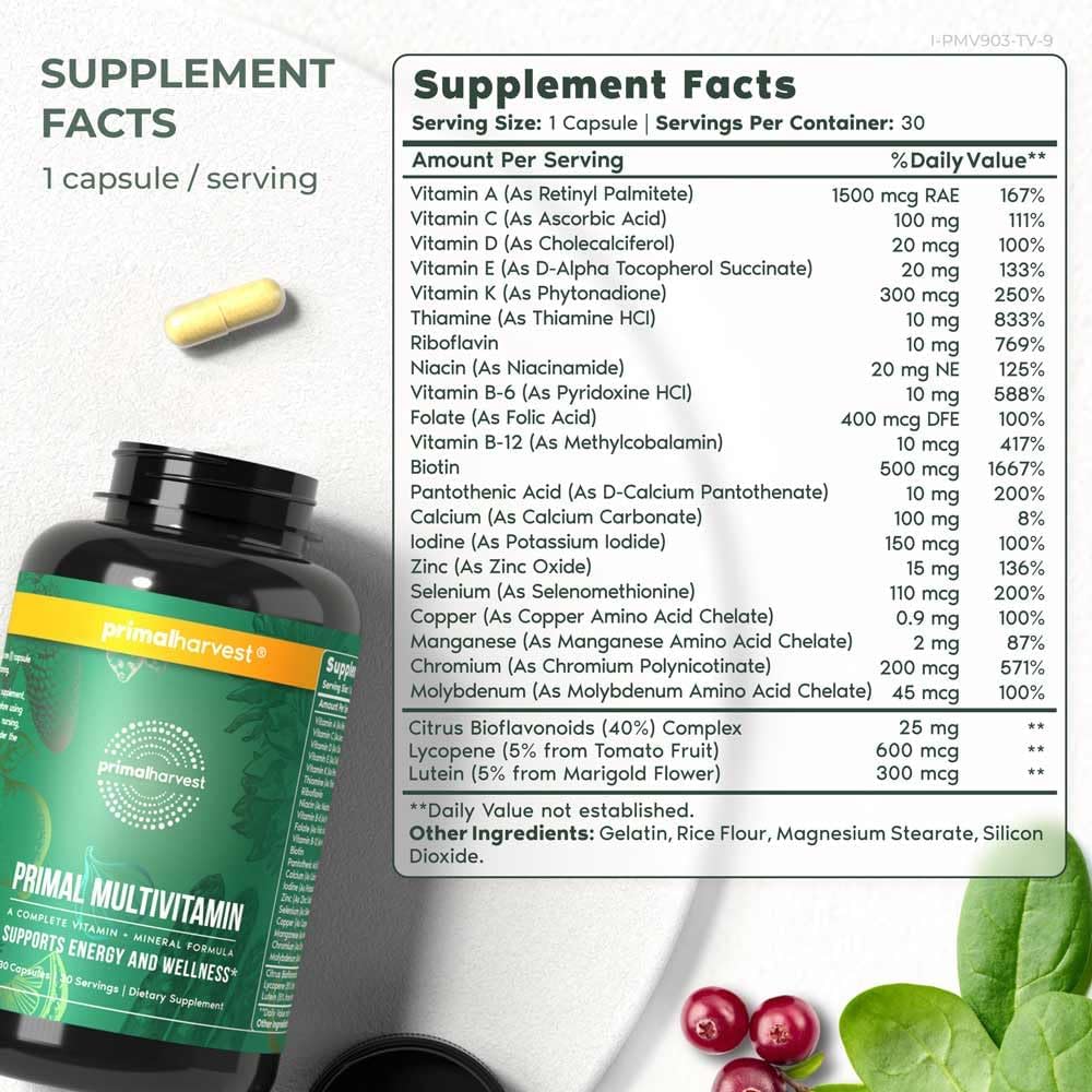 Primal Harvest Primal Multivitamin - Daily Multi-Vitamin Supplement with 21 Essential Vitamins & Minerals for Women & Men - Vitamin A, C, D, E, B12, B6, Biotin, Folic Acid, Zinc, Copper & Selenium - Image 3