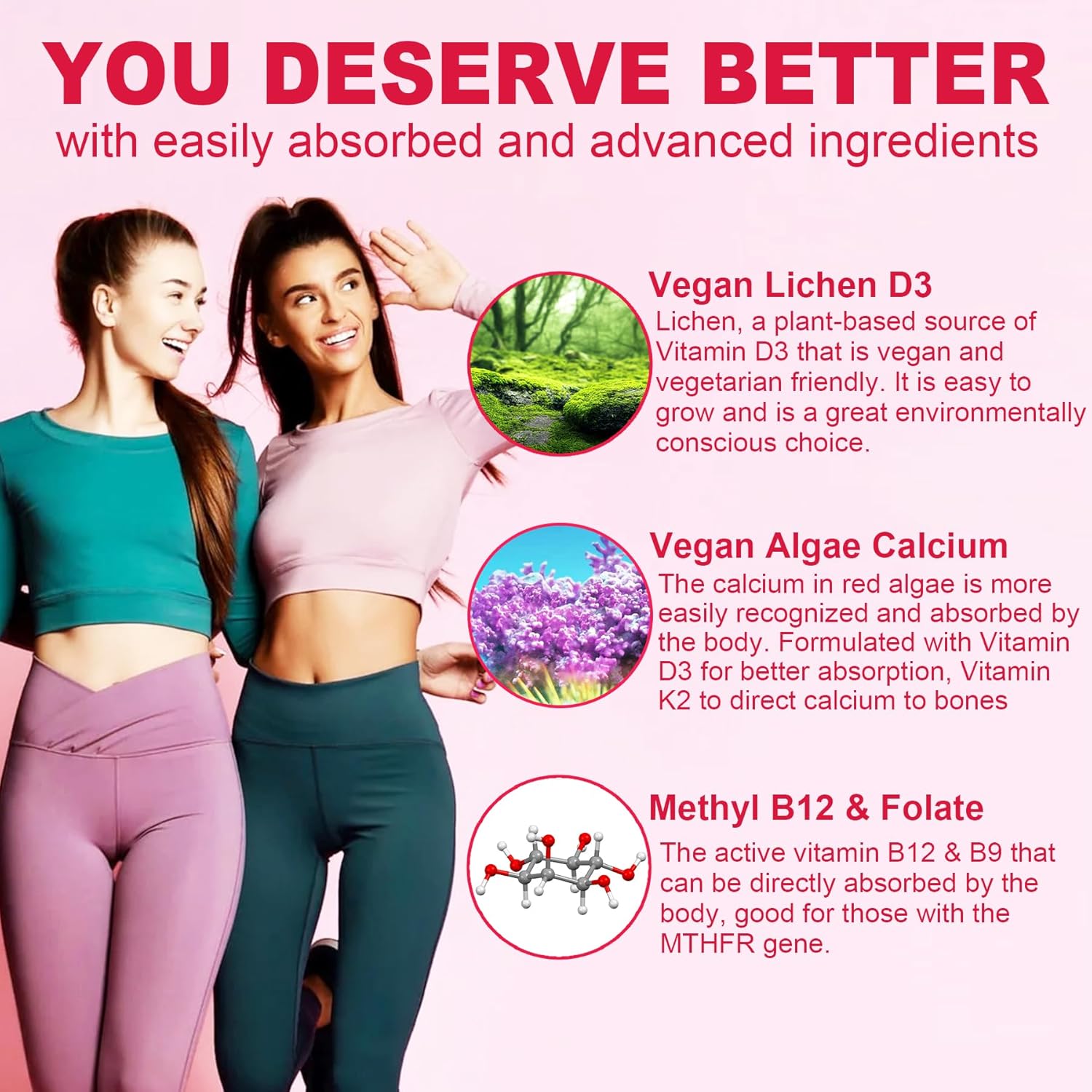 Sugar-Free Methylated Multivitamin for Women Gummies w/Algae Calcium, Vitamin A, C, D3, E, K, B12, Iron, Folate, Biotin, Inositol - Multi Vitamins & Minerals for Skin, Hair, Energy, Immune, Bone Vegan - Image 4