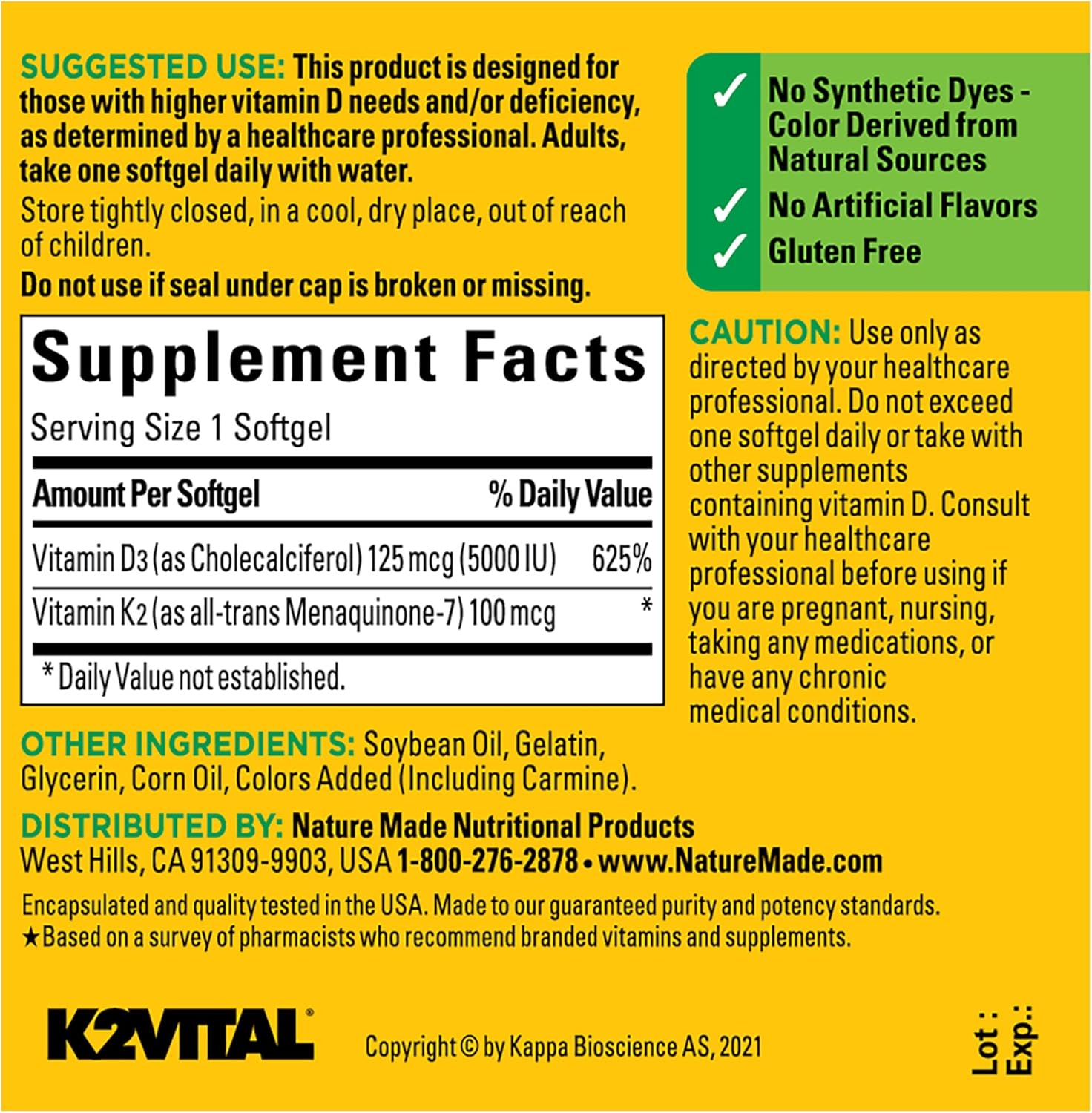 Nature Made Vitamin D3 K2, 5000 IU (125 mcg) Vitamin D, Dietary Supplement for Bone, Teeth, Muscle and Immune Health Support, 30 Softgels, 30 Day Supply - Image 6