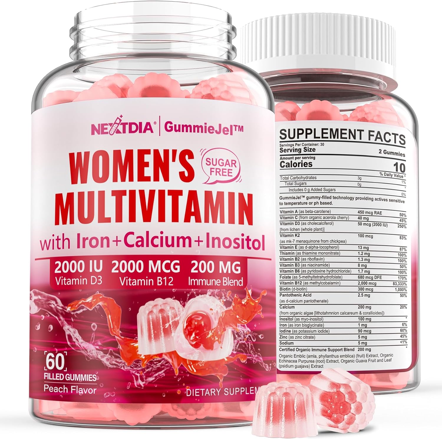 Sugar-Free Methylated Multivitamin for Women Gummies w/Algae Calcium, Vitamin A, C, D3, E, K, B12, Iron, Folate, Biotin, Inositol - Multi Vitamins & Minerals for Skin, Hair, Energy, Immune, Bone Vegan - Image 2