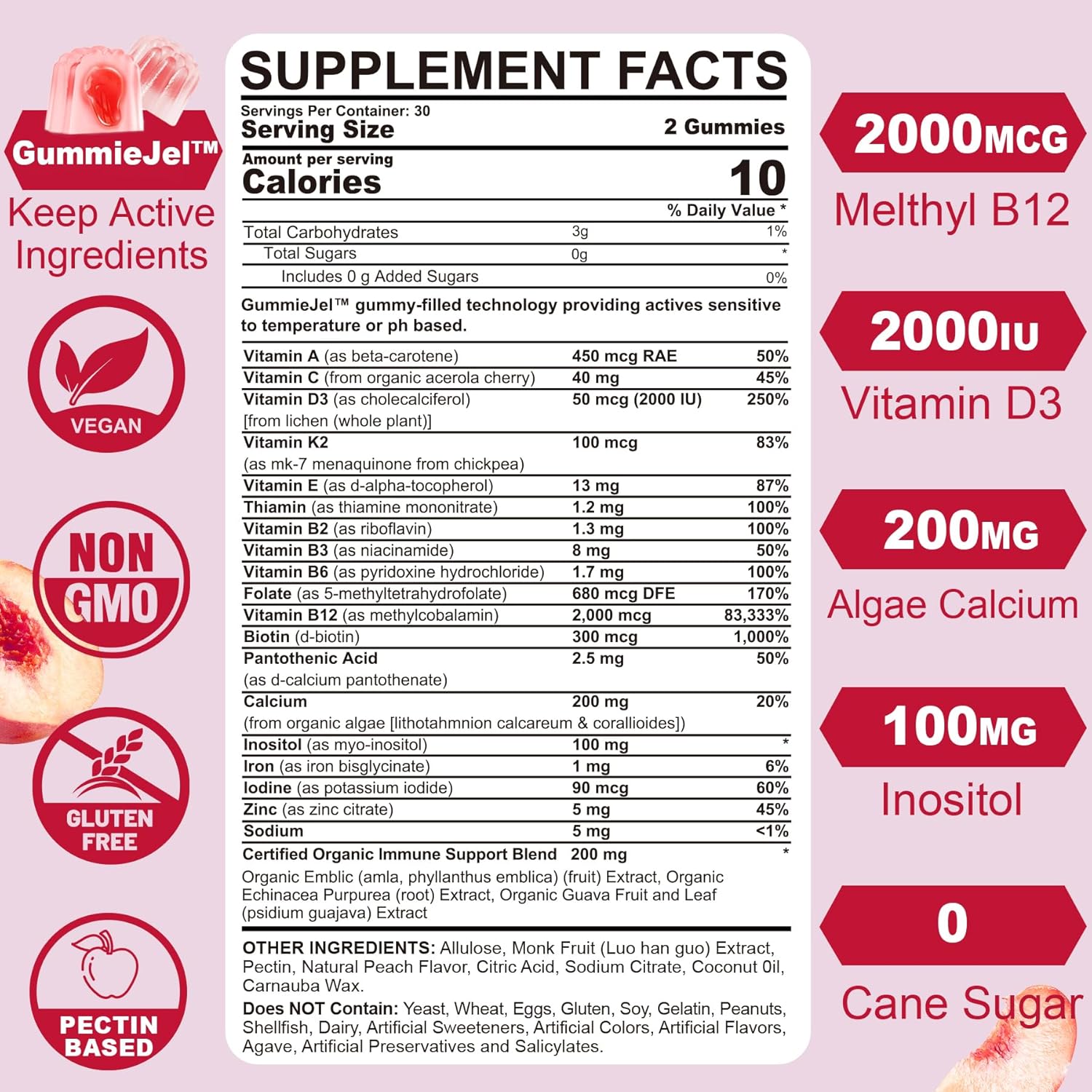 Sugar-Free Methylated Multivitamin for Women Gummies w/Algae Calcium, Vitamin A, C, D3, E, K, B12, Iron, Folate, Biotin, Inositol - Multi Vitamins & Minerals for Skin, Hair, Energy, Immune, Bone Vegan - Image 3