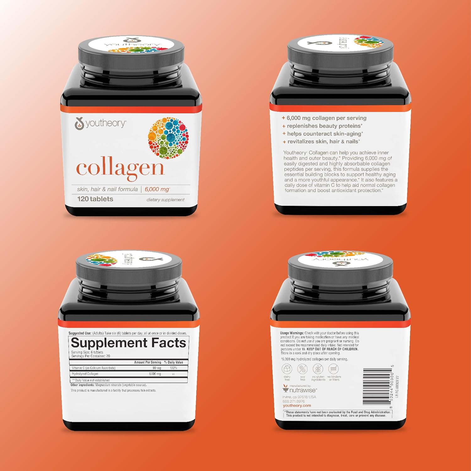 Youtheory Advanced Collagen - 6,000 mg Collagen - with Vitamin C - for Hair, Skin & Nails* - Collagen Supplements for Women and Men - 120 Tablets - Image 8