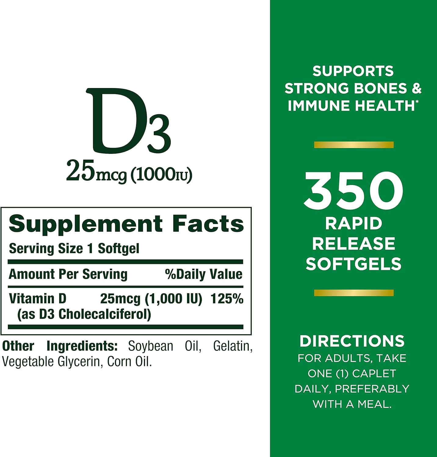 Nature's Bounty Vitamin D3 1000 IU Softgels, Immune Support, Promotes Healthy Bones, 350 Ct - Image 3